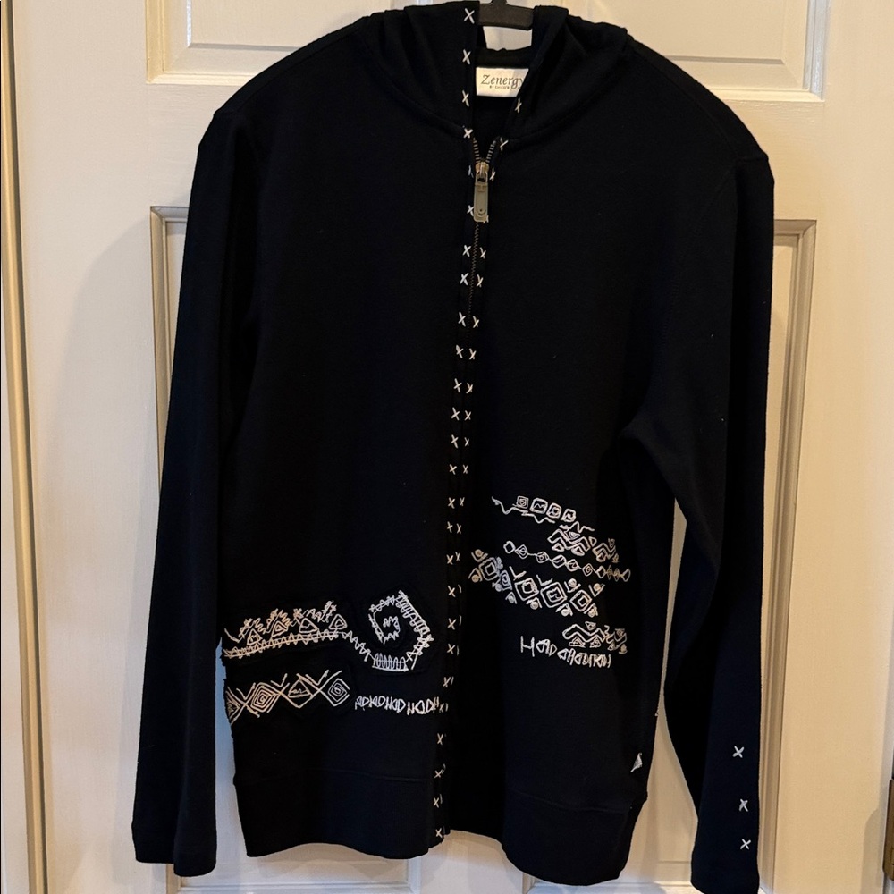 Zenergy by Chico’s Size 1 (10/12)) Black Hoodie with White Tribal Patterns.